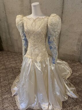 Vintage 90s Demetrios Wedding Dress | Beaded Lace Puff Sleeve Bridal Gown
